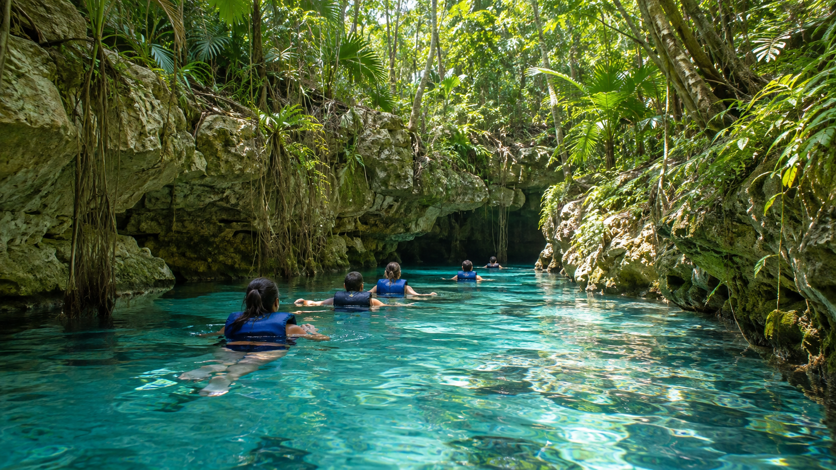 Río natural entre selva y piedra caliza en la Riviera Maya